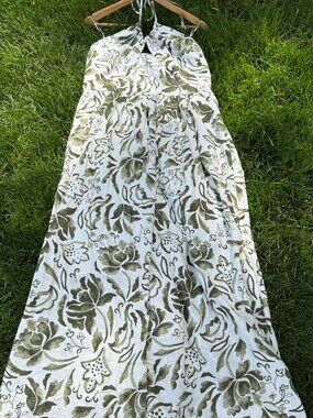 Green and white summer linen midi dress